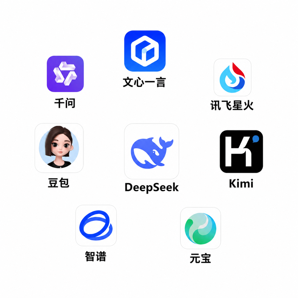 千问、文心一言、讯飞星火、豆包、DeepSeek、Kimi、智谱、元宝等 AI 平台